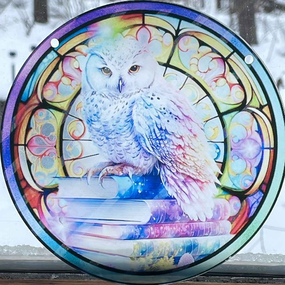 Suncatcher Acrylic White Owl Bird Faux Stained Glass Decorative Home Decor